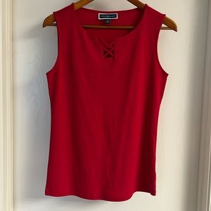 Karen Scott red top, criss cross detail at neck line